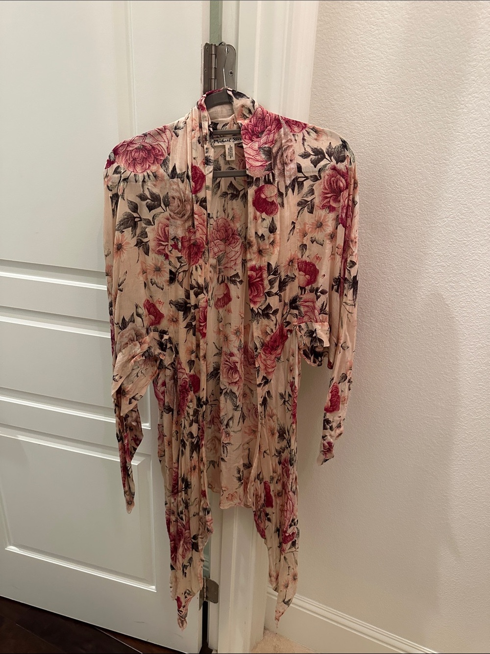 Michael Stars Cream Floral Kimono with Pink Rose Accents